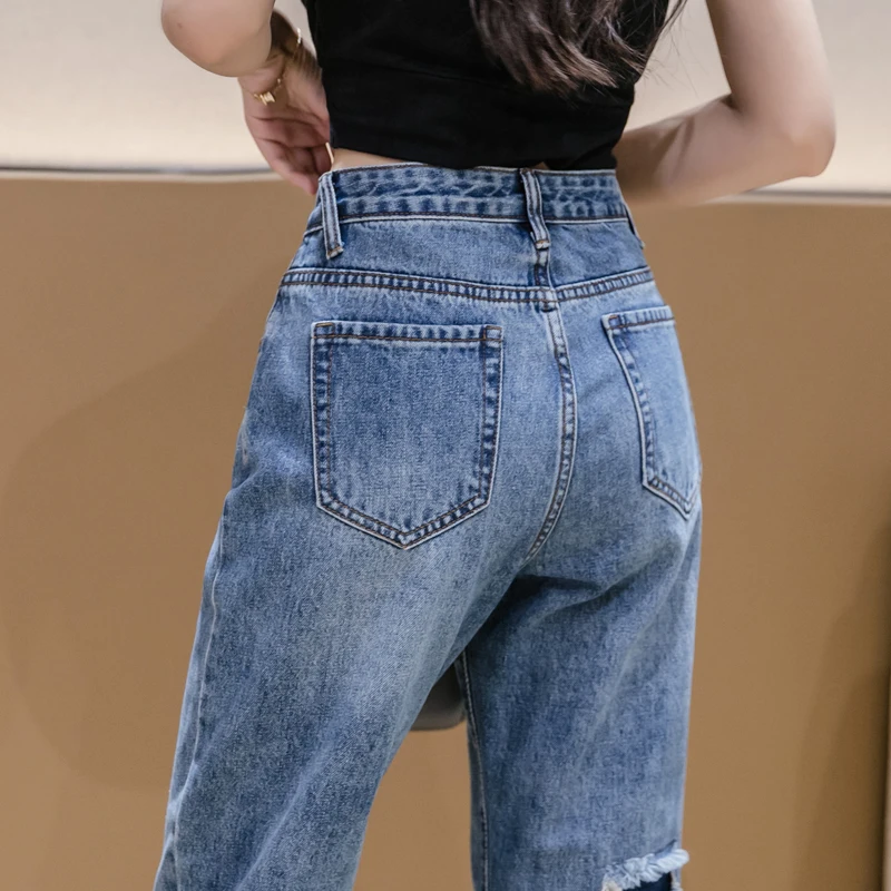

TongSiHai Jeans Women Ladies Fashion Korean Version High Waist Ripped Denim Pants Girls Students Harem Trousers Vaqueros Mujer