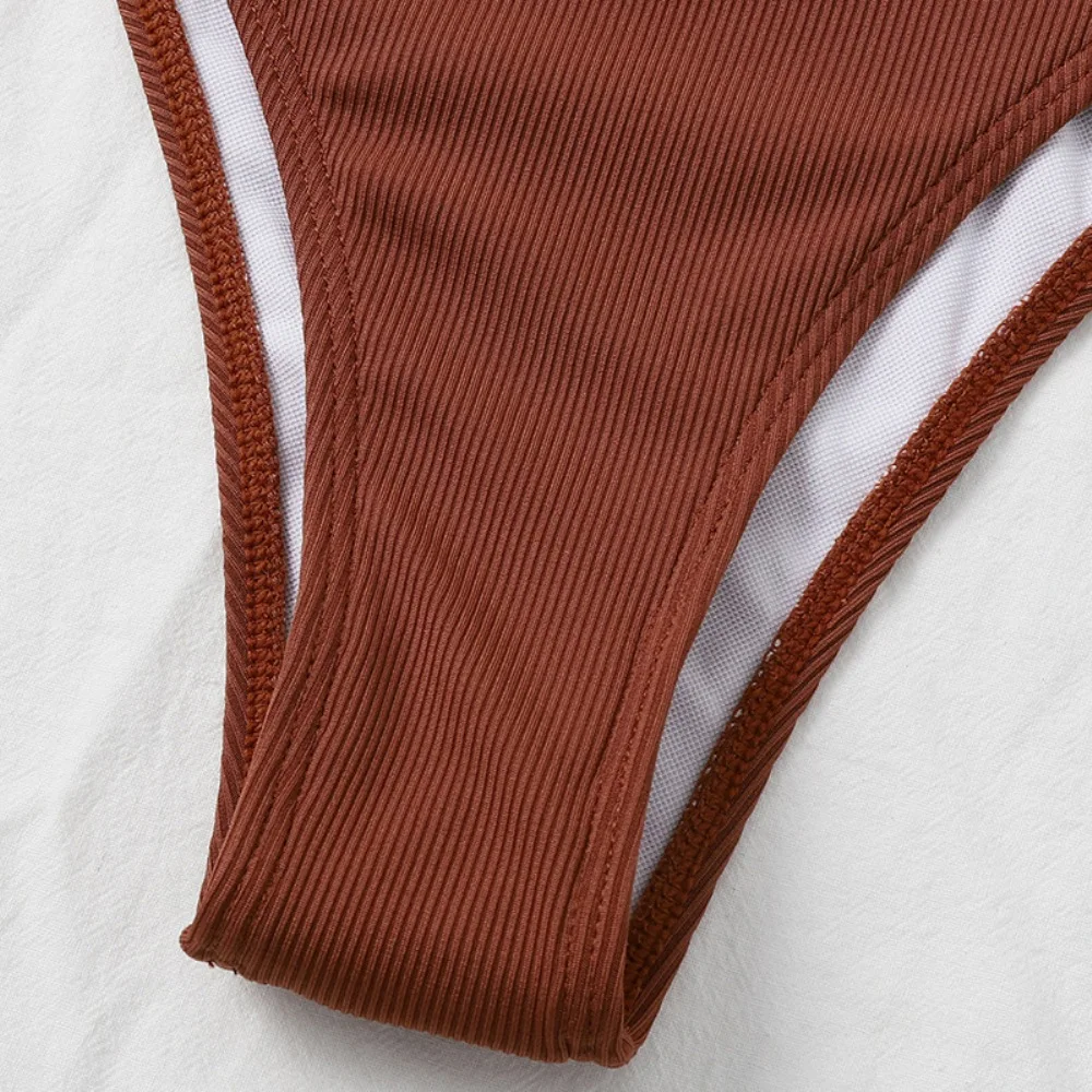 

Women Solid UnderwireTwo Pieces Bikini Set Swimwear Bandeau High Waist Swimsuit Ribbed Beachwear High Cut Swimsuit