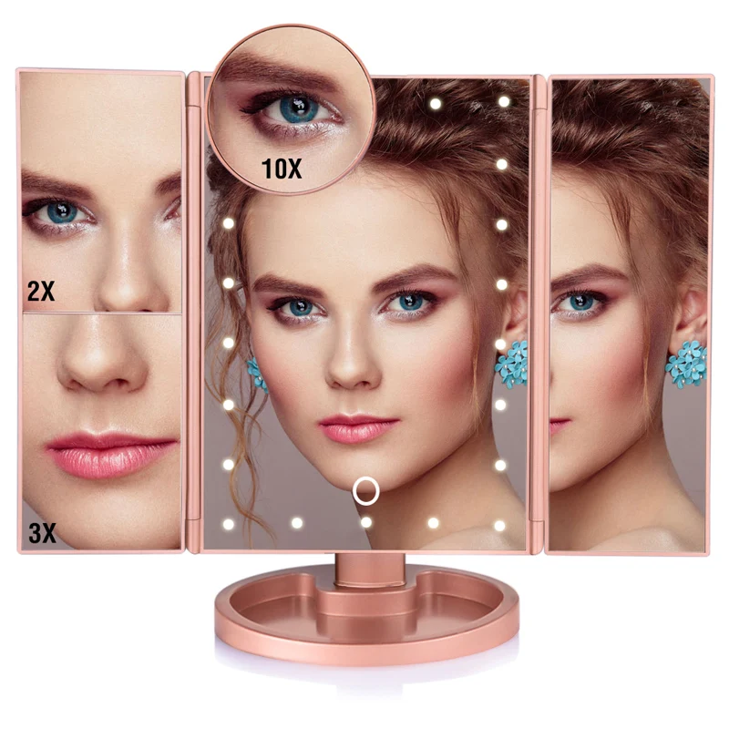 

Makeup Mirror LED Touch Screen 22 Light Table Desktop Makeup 1X/2X/3X/10X Magnifying Mirrors Vanity 3 Folding Adjustable Mirror