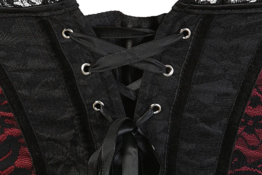 

Satin Red And Black Lace Cover Overbust Corset Lace Up Boned Top Sexy Body Shaper Waister Cincher Bustier Plus Size S-2XL