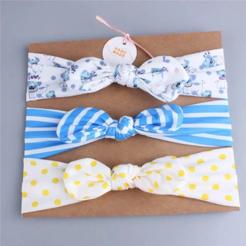 Newborn Baby Toddler Kids Headwear Girls Hairband Cotton Bowknot Striped Printed Elastic Headband Hair Accessory 3pcs | Детская одежда
