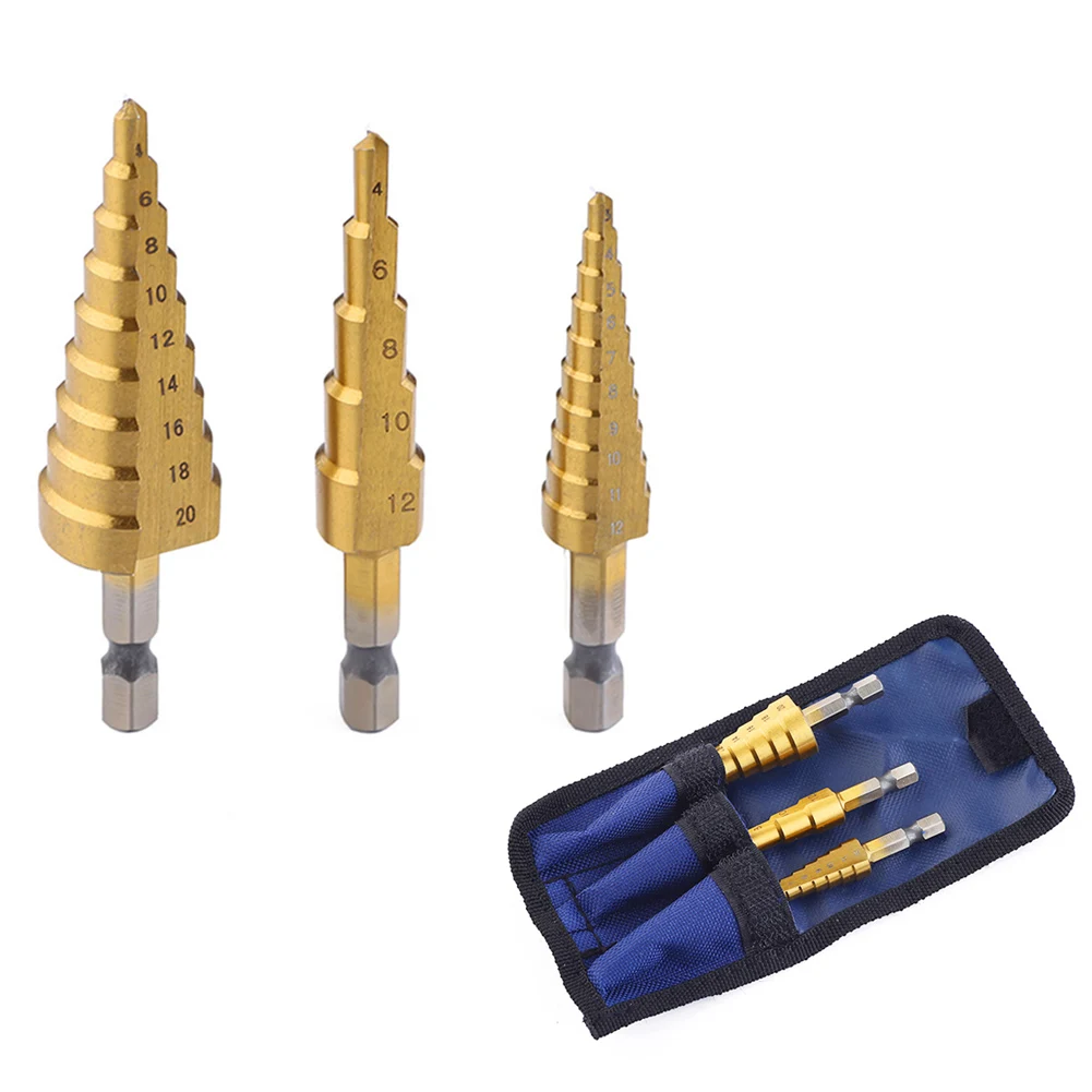 

3Pcs HSS Titanium Coated Step Drill Bit Set 4-12/20/32mm High Speed Steel Straight Groove Step Wood Hole Cutter Cone Drill