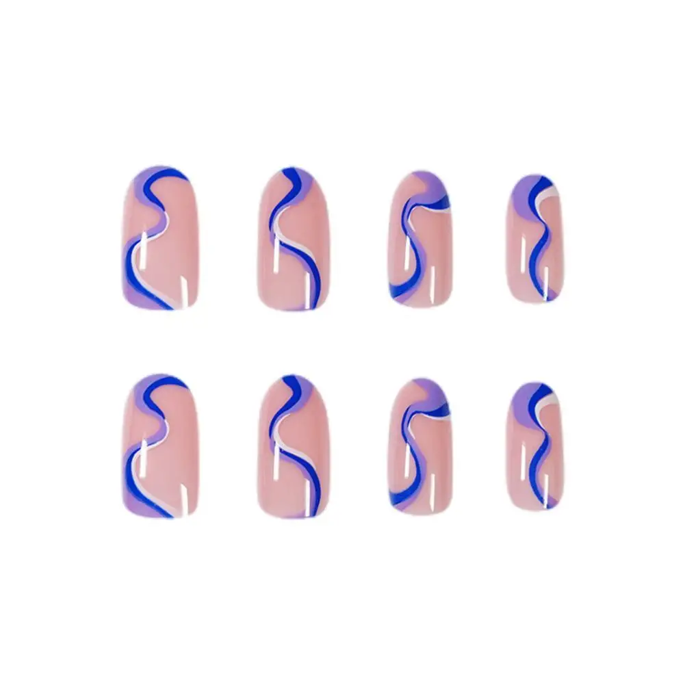 

24pcs/set Blue White Wavy Lines Detachable Long Ballerina False Color-blocking Full Nail Nails Lines With Tips Design Cover S7I3