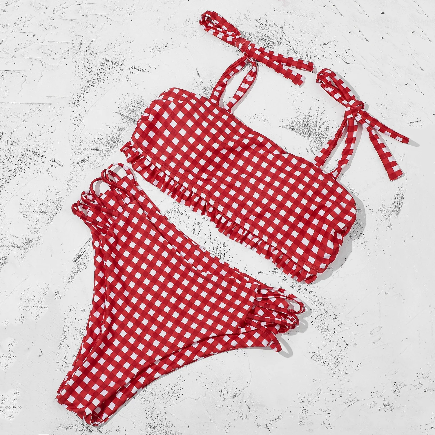 

Women High Waist Bikinis String Bandage Swimwear Sexy Bandeau Swimming Suit For Summer Hollow Out Biqiuni Plaid Swimsuit