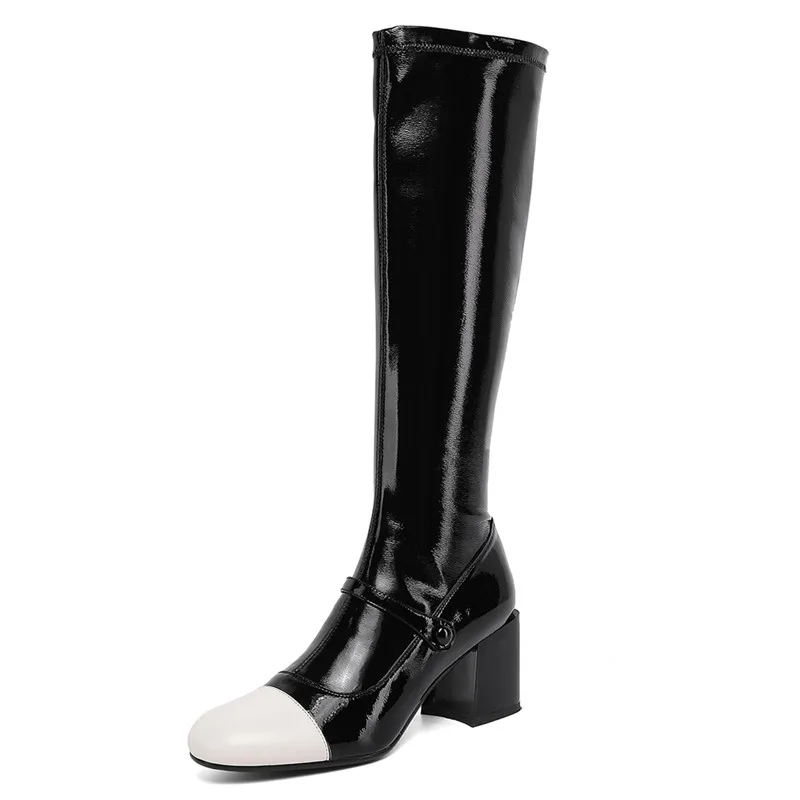 

New Big Brand Style Mixed-Color Women Boots Knee-High Rrince Retro Cow Leather Ladies Shoes Thick Heel Round Toe Zipper 7cm