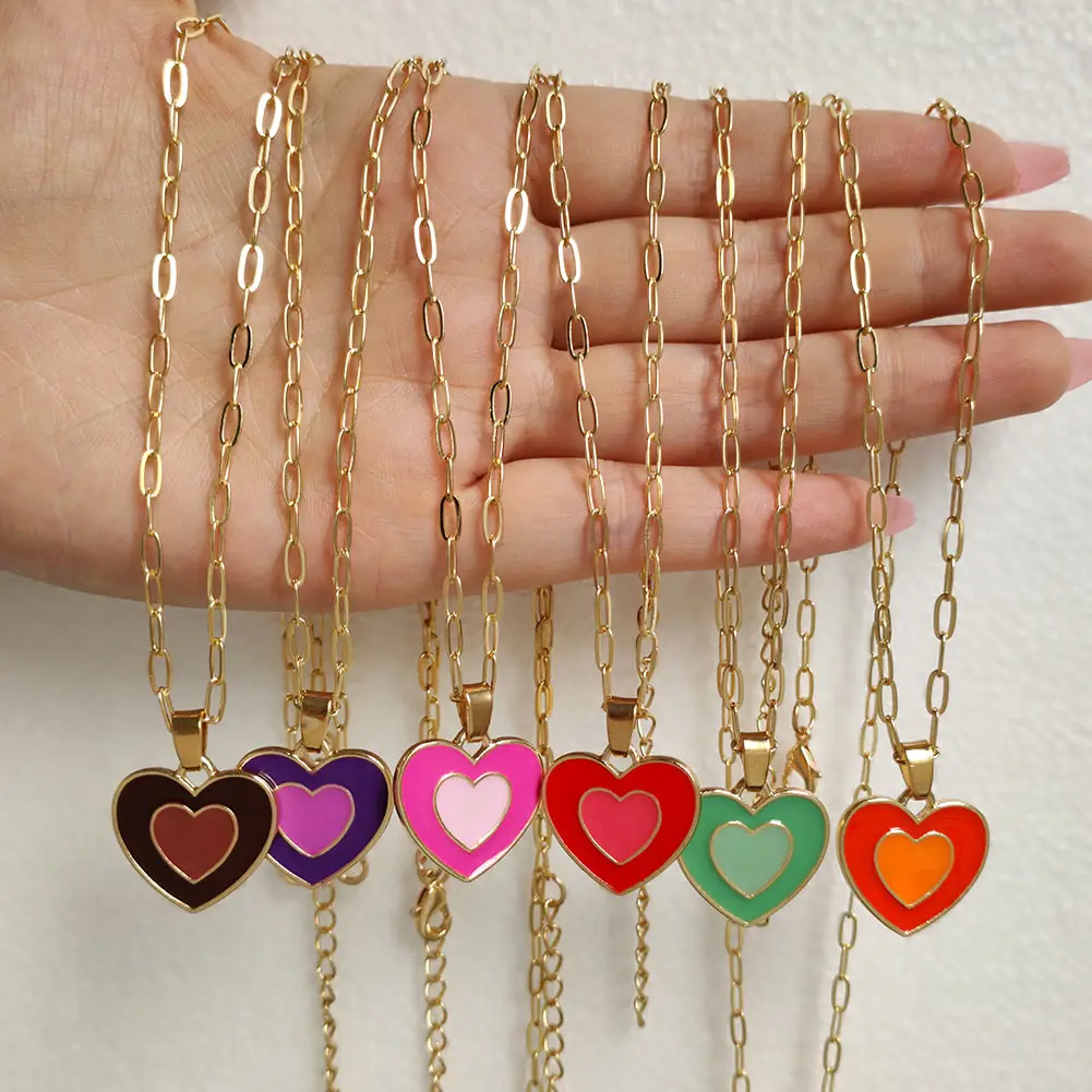 Flatfoosie Trendy Y2K Double Layer Heart Pendant Necklace for Women Colorful Dripping Oil Metal Choker Jewelry | Украшения и