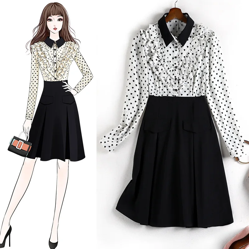 Осень 2020 новинка женское шифоновое облегающее платье в горошек из двух частей