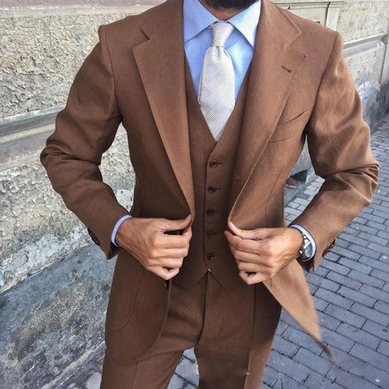 Latest Design Brown Man Work Suit Groom Tuxedos Notch Lapel Mens Business Suits Wedding  Dress Suit Sets (Jacket+Pants+Vest+Tie)