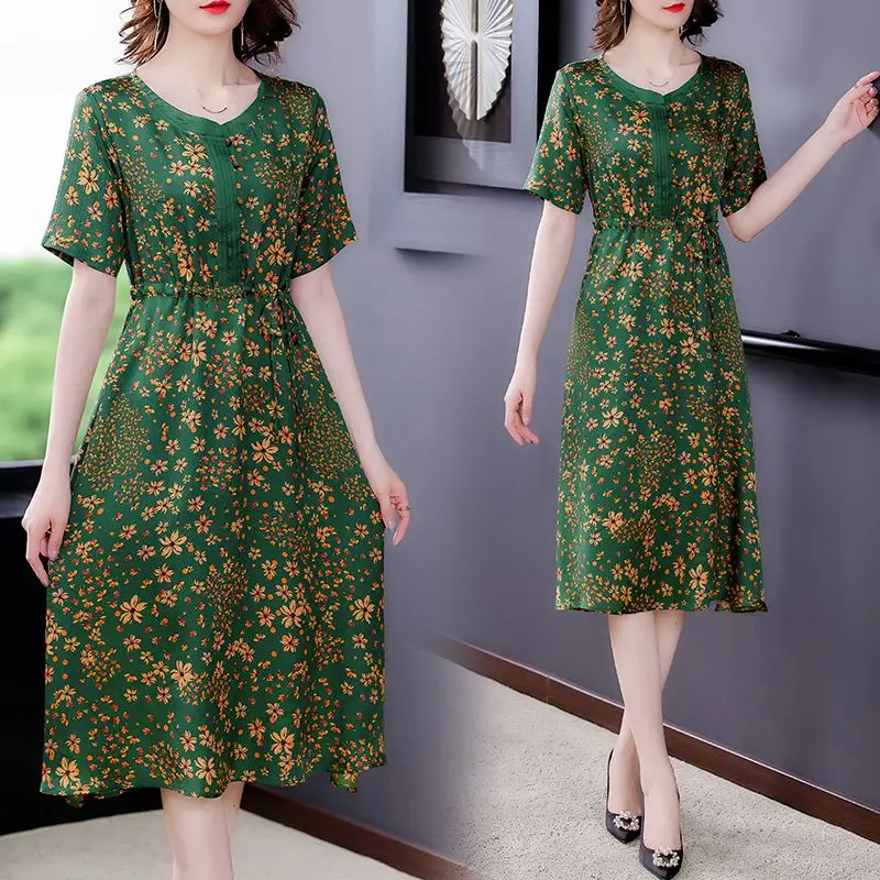 

COIGARSAM Women Dress Summer 2021 New Office Lady Floral Print Short Sleeve V-Neck Green Dresses Traf Vestidos Robe