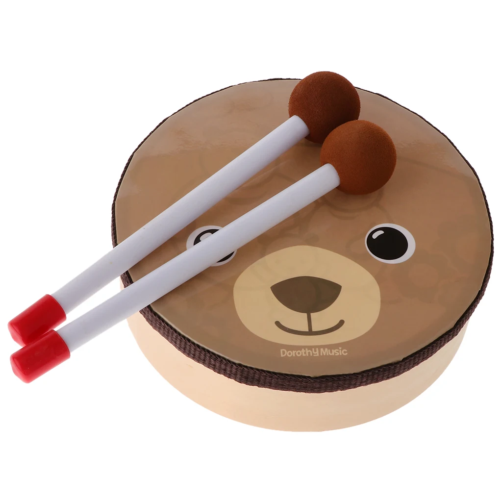 

Wooden Hand Drum with Beaters, Cartoon Bear Pattern Printed for Kids Baby