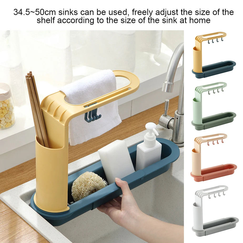 

Telescopic Sink Storage Shelf Hollow Sponge Drain Holder Rack Adjustable Plastic Kitchen Organizer Gadgets Accessories
