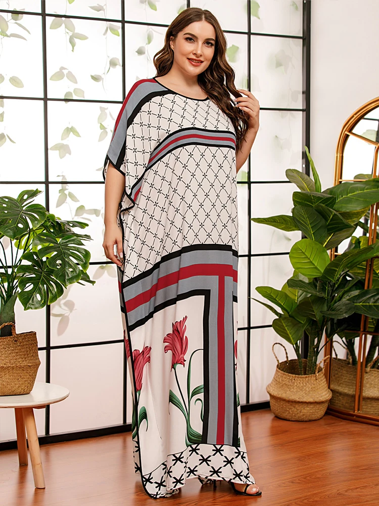Bat Sleeve Plus Size Women Clothing Large Long Dress Summer 2020 Contrast Color Loose Casual Maxi Dresses Arab Robe Kaftan | Женская