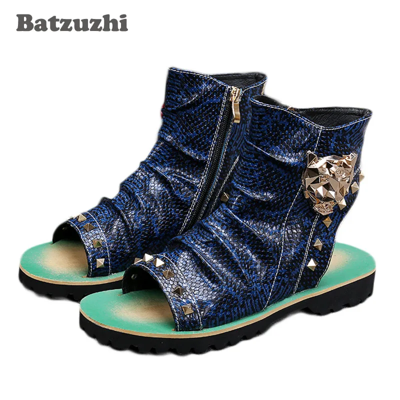 

Batzuzhi 2018 New Rock Men Shoes Summer Leather Sandal Shoes Open Toe Punk Ankle Sandal Boots Slingback Rivets Gladiator, US12