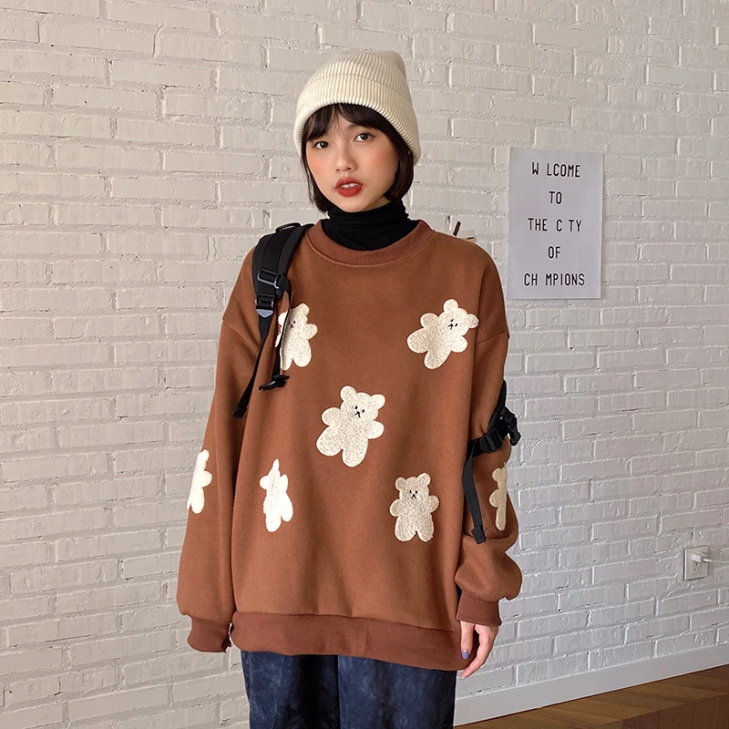 

2colors autumn winter 2020 Korean style Women Warm Sweatshirts cartoon bear cute thick Sweatshirt Womens pullovers ( F4171)
