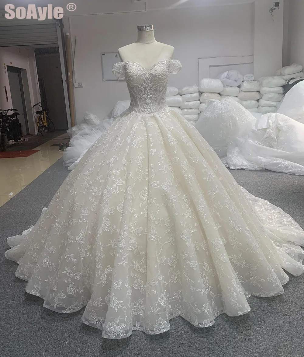 

Женское кружевное свадебное платье SoAyle, платье цвета шампанского с открытыми плечами и бусинами, роскошное бальное платье, свадебное платье