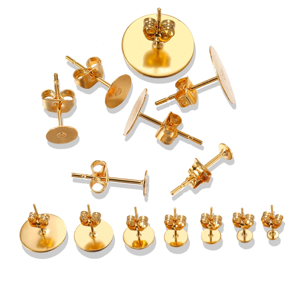 20-100pcs/lot Gold Stainless Steel Blank Post Earring Studs Base Pins With Earring Plug Findings Ear Back For DIY Jewelry Making images - 6