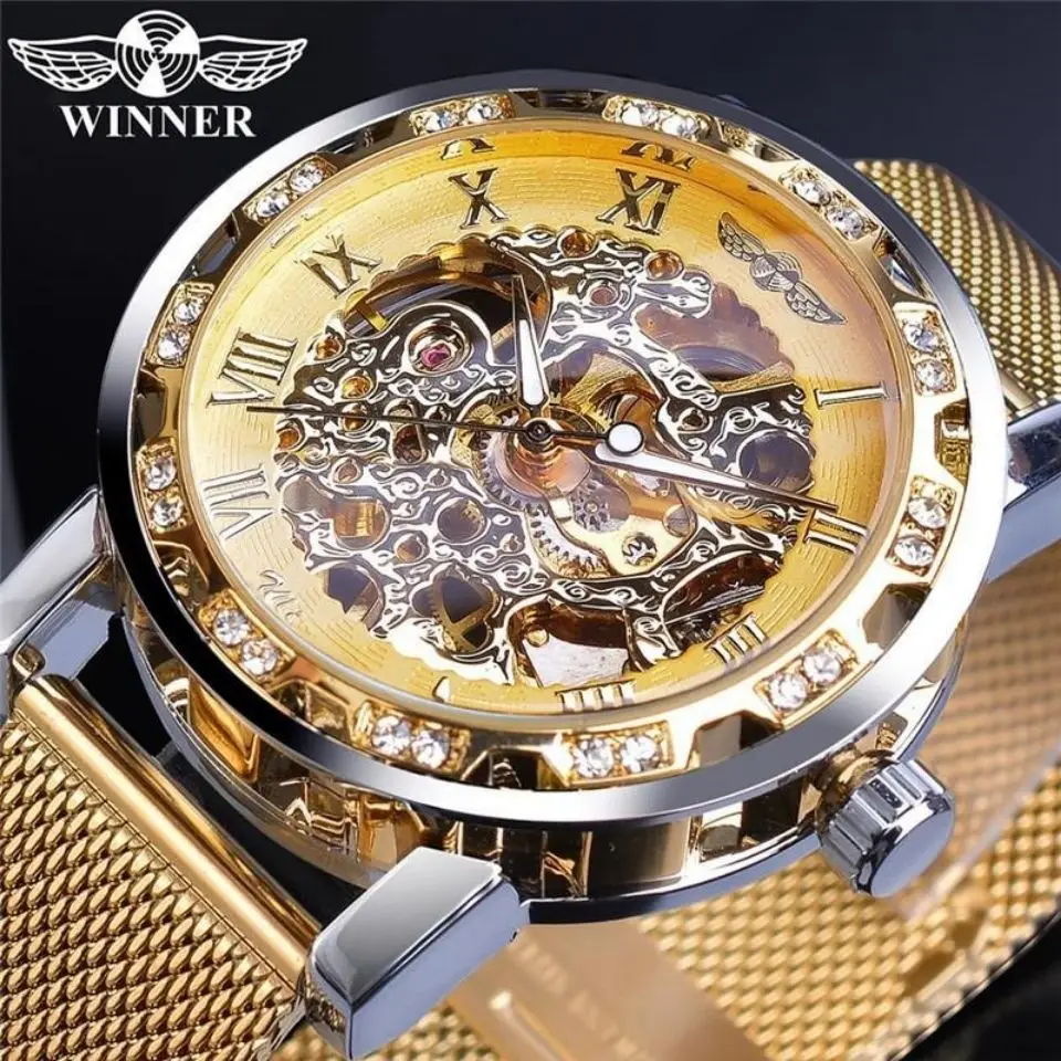 

Men's Business Automatic Mechanical Watch Flag Watch Men's Fashion Classic Full Diamond Famous Watch Rhinestone Hollow Mesh Belt
