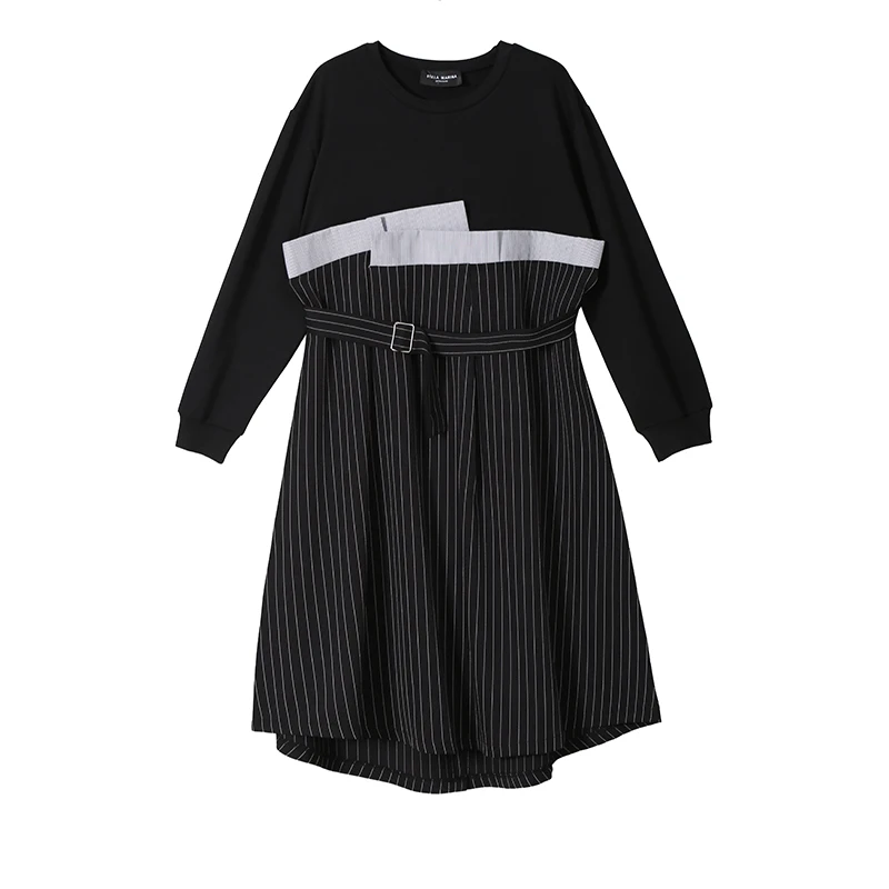 Новинка 2019 корейский стиль женское черное лоскутное Полосатое платье с поясом