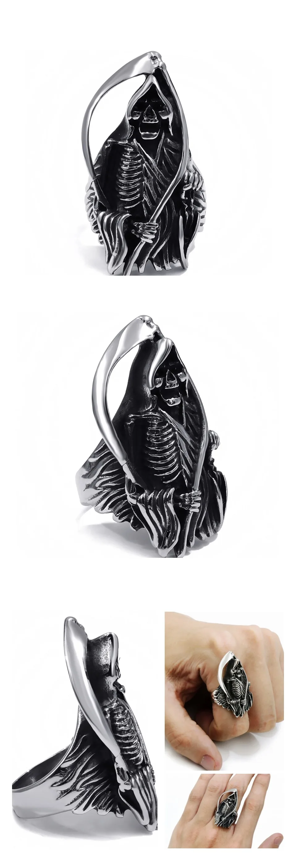 Мужской череп Grim Reaper серебряный черный кольцо из нержавеющей стали 316L Байкер ювелирных изделий Размер 8-13