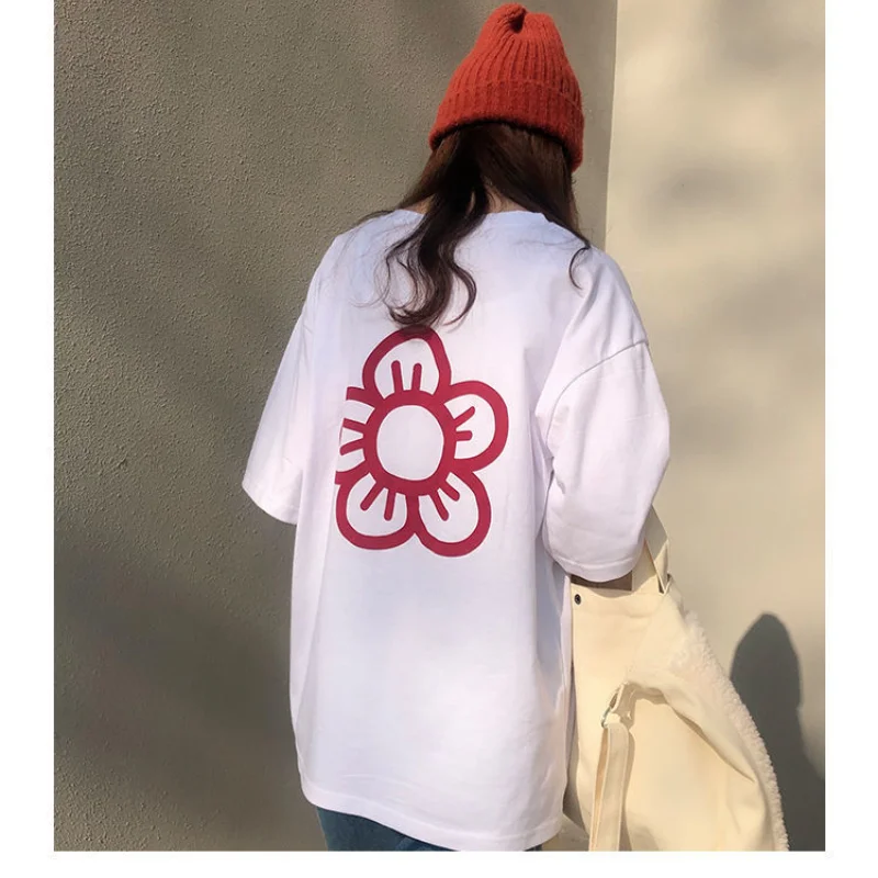 

Little red flower white T-shirt women Summer Korean fashion loose all-match top Street Harajuku tshirt Basic wild Short sleeve