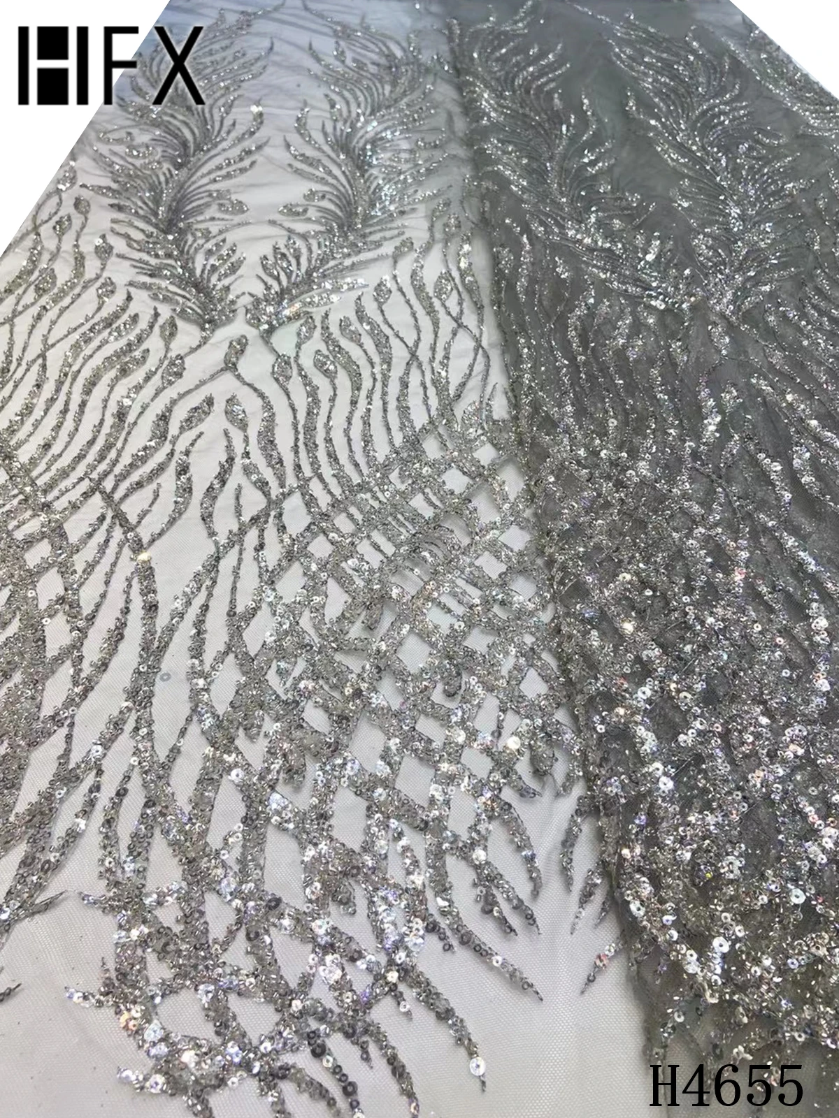 

HFX Silver Nigerian Sequin Lace Fabrics 2021 Embroidery Tulle Lace Fabric High Quality Wedding Lace Fabric With Sequins F4655