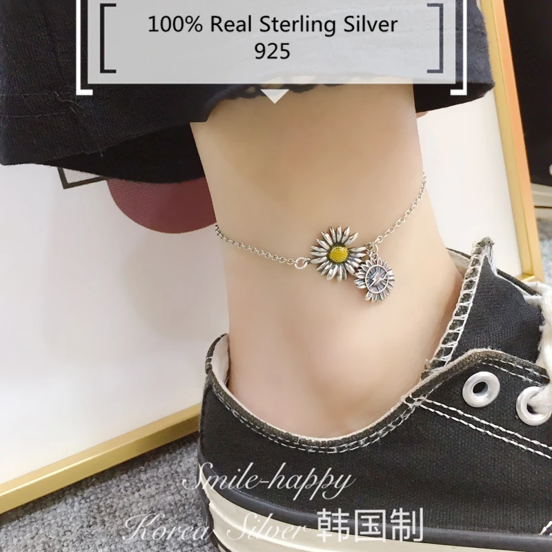 

100% 925 Sterling Silver Daisy Tassel Anklet Punk Footwear Long Chain Anklet for Women Summer Gifts 2020 Vintage Ankle Bracelet