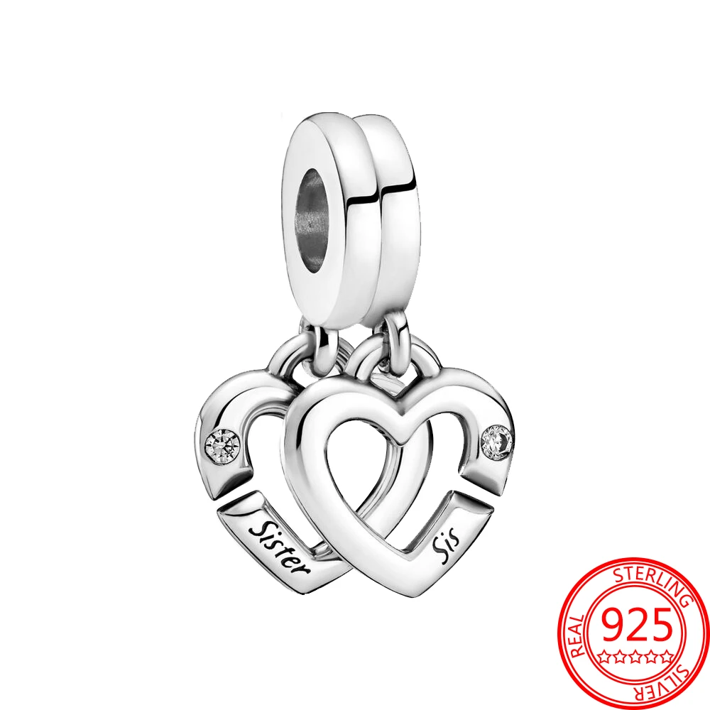 

Popular S925 Sterling Silver Love Lock, Linked Sister Hearts Split Dangle Charm Fit Original 3mm Pandora Charms Bracelet Gift