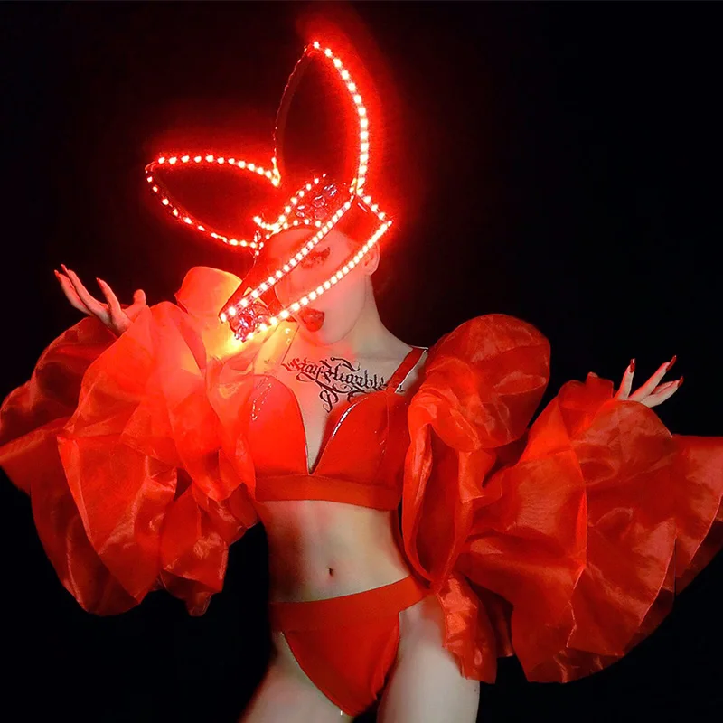 Nightclub Bar Female Singer Valentine'S Day Red Led Luminous Headdress Big Sleeve Bikini Suit Dj Ds Performance Clothing DN5902 |
