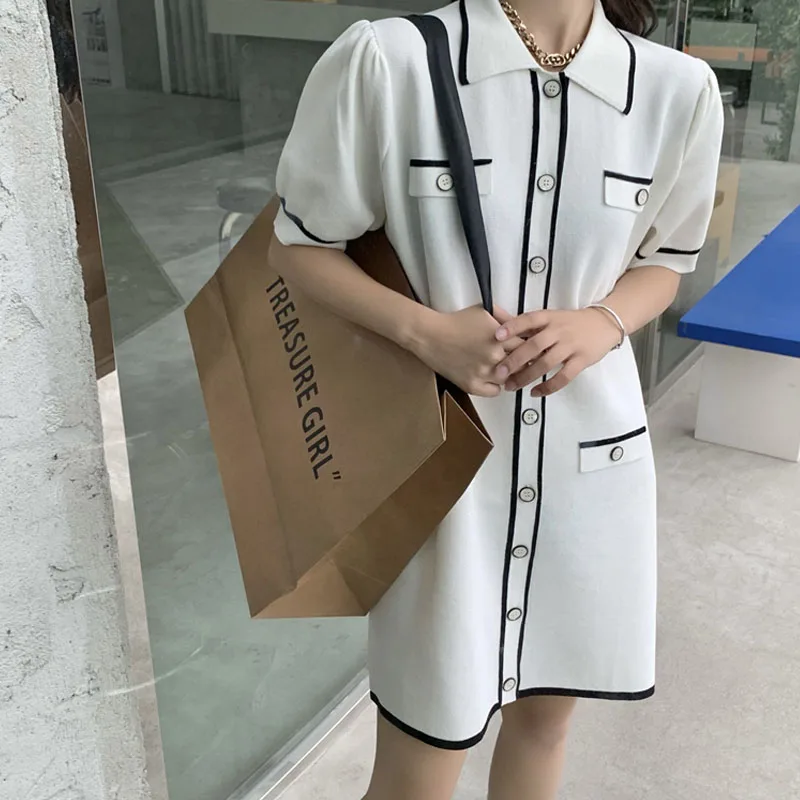 

Женское трикотажное мини-платье, элегантное корейское винтажное облегающее однобортное платье с отложным воротником и короткими рукавами,...