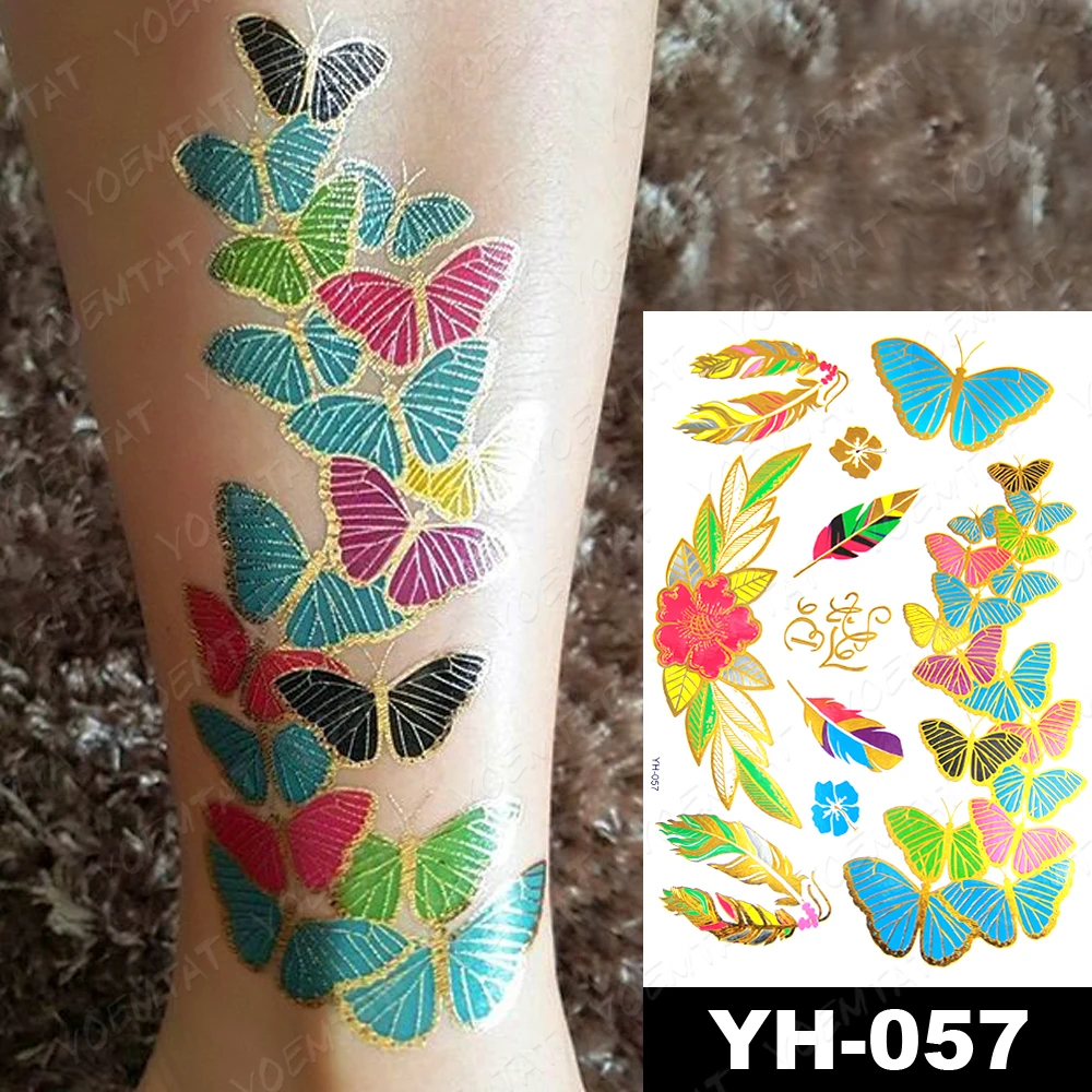Фото Водонепроницаемый временная татуировка Стикеры лотоса серьги Henna Mandala Перья Золотой металлический флэш-тату в богемном стиле с цветочным принтом блестящие украшения для боди-арта №5