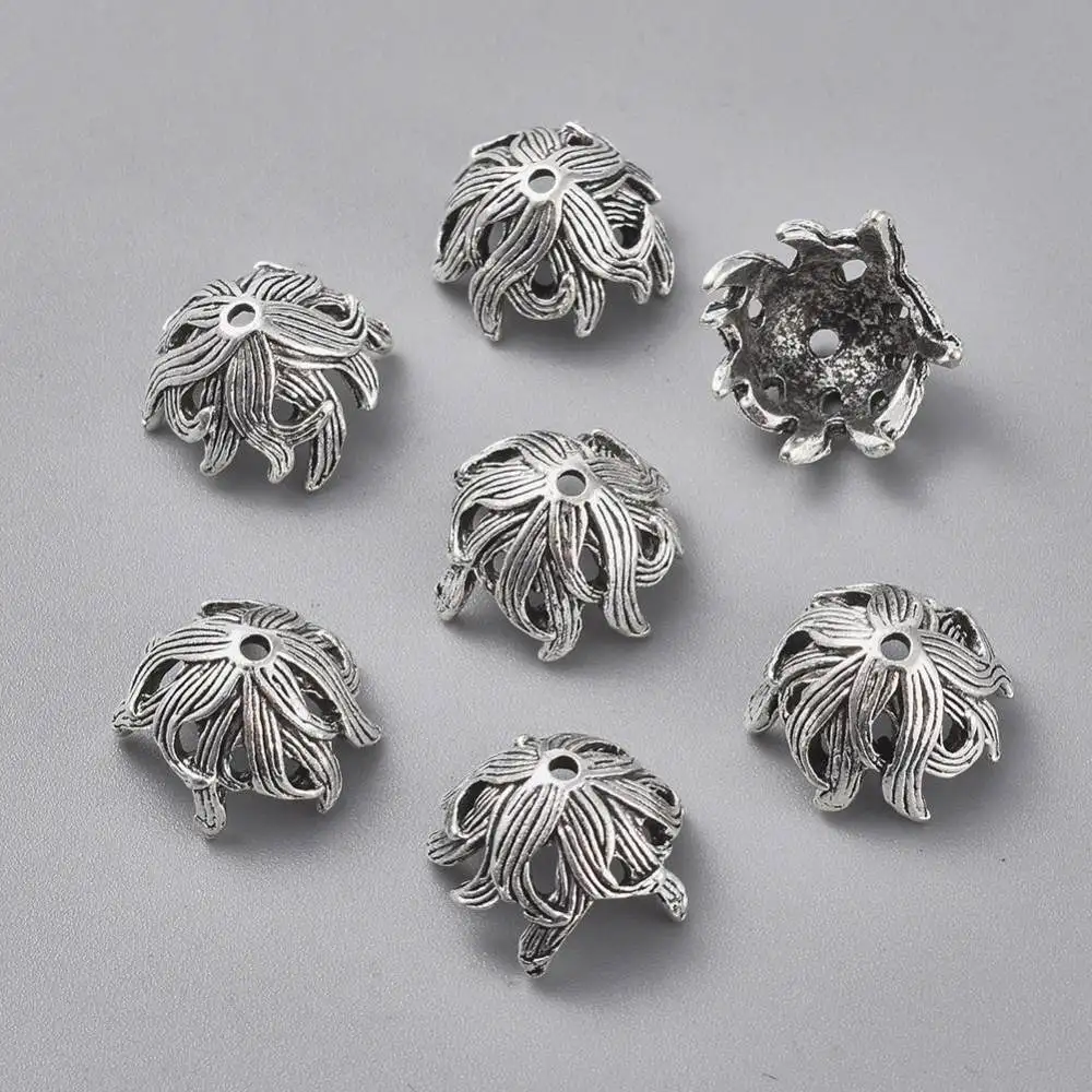 

50pcs Antique Tibetan Silver Flower Bead Caps For Jewelry Charms Necklace Bracelets Making Handmande 10x15x15mm, Hole: 2mm