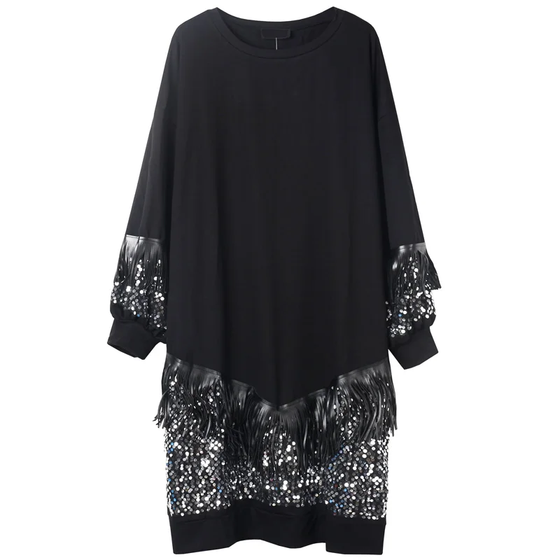 

Temperament plus size long-sleeved dress autumn new fat mm was thin tassel sequined mid-length sweater skirt