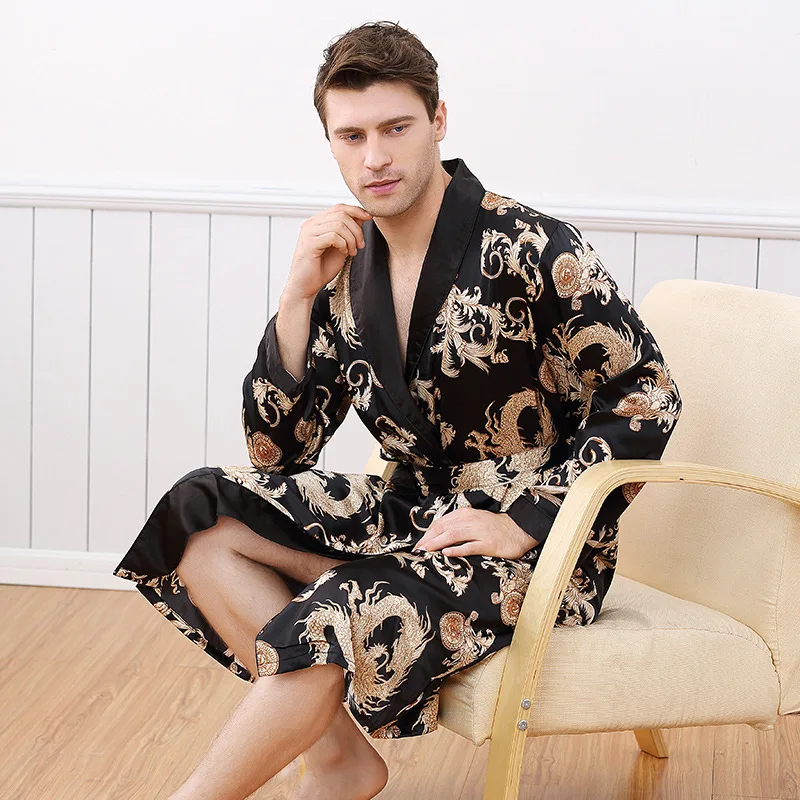 Роскошный летний атласный Шелковый мужской халат с принтом дракона банные