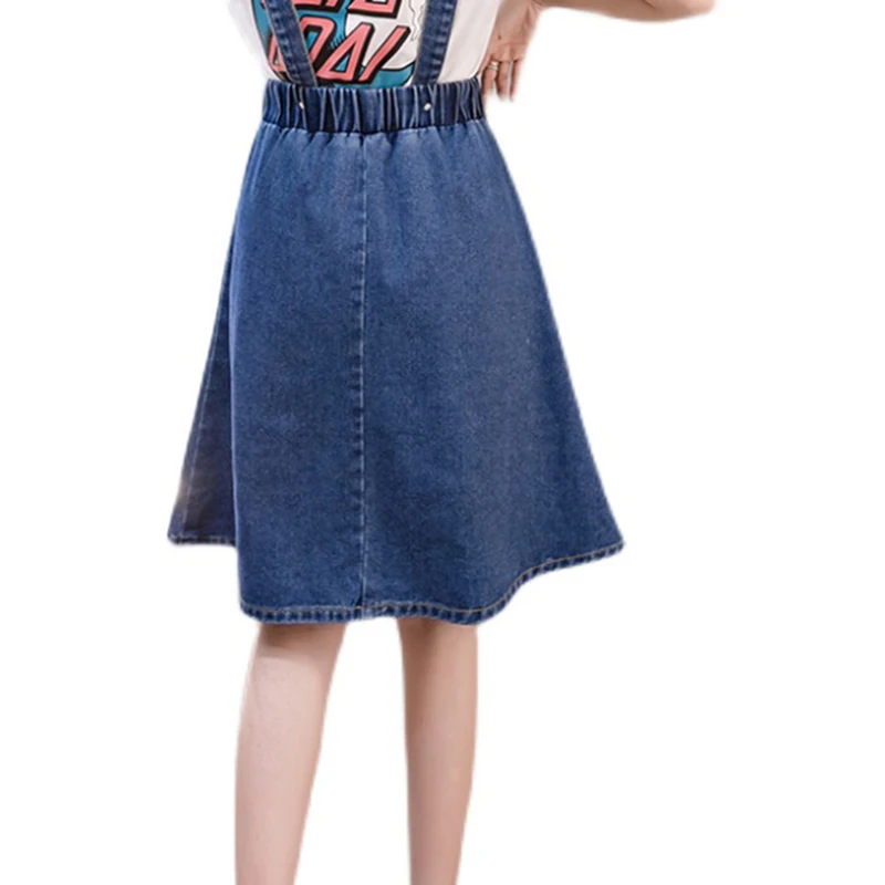 Women Denim Skirt Suspender Jumper Adjustable-Strap Plus-Size High-Waist Jean Fashion Ladies Casual Student A-Line | Женская одежда