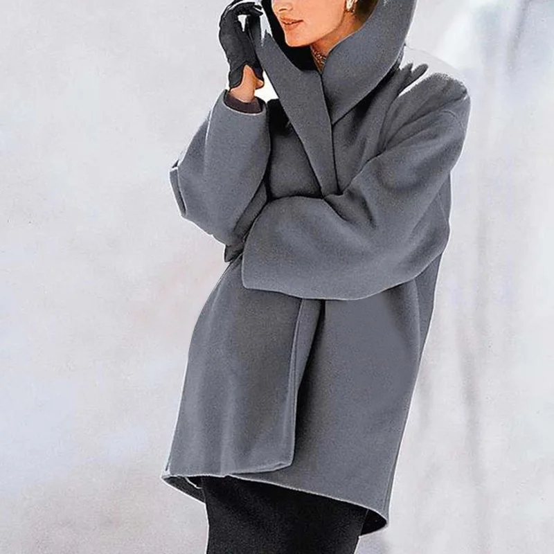 

High Quality Fashion Loose Warm Solid Women Wool Coat Full Sleeve Hooded Women's Woolen Jacket Fashion Coat and Jacket