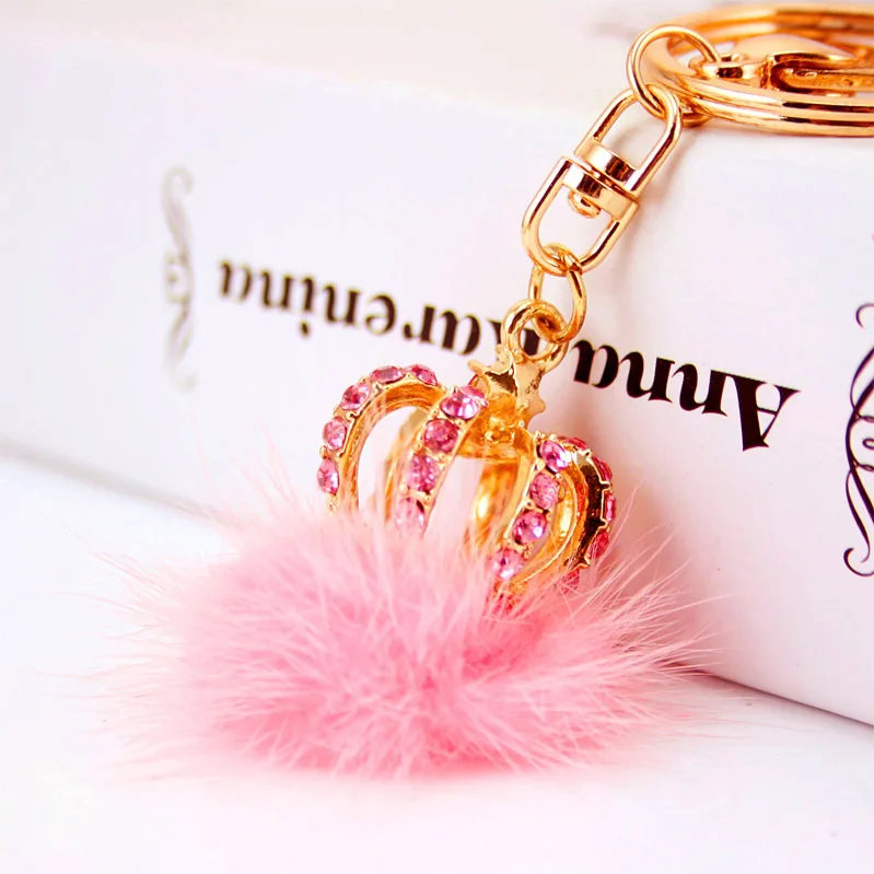 New Crown Crystal Rabbit Fur Ball Keyrings Prom Bag Keyfob Rhinestone Pendant Key Rings Chain for Women Christmas Gifts | Украшения и