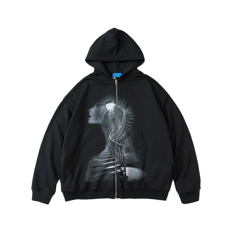 

Streetwear Fashion Hoodie Sweatshirt Portrait Stairs Print Zipper Pullover 2021 Men Hip Hop Fleece Casual Winter Hooded Hoodies
