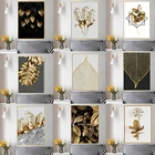 Настенная картина с золотыми абстрактными листьями и цветами, черные и белые перья, Настенная картина для гостиной, декор для комнаты