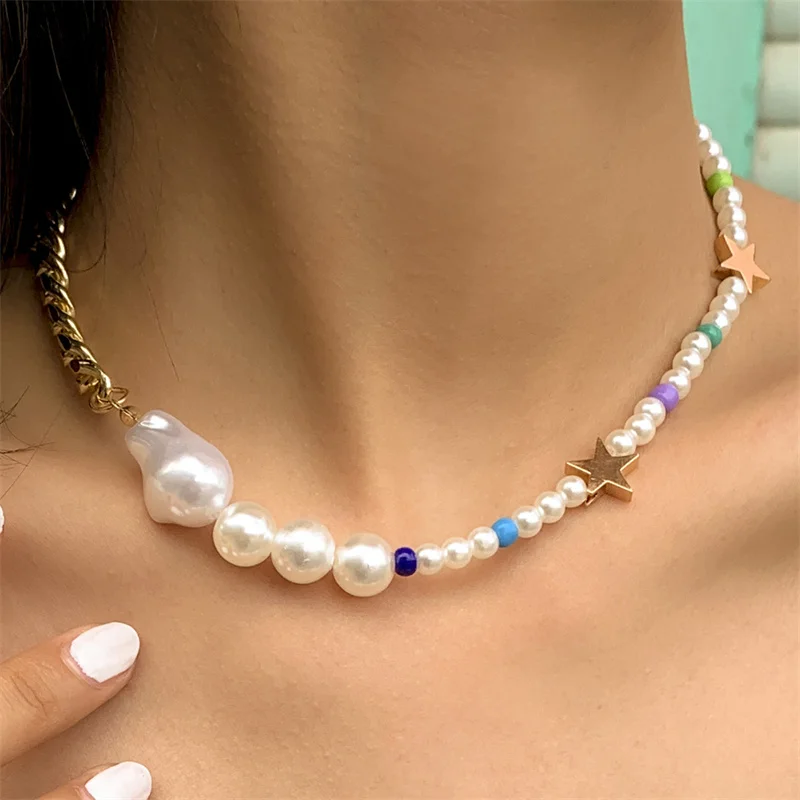 

Bohemia Imitation Baroque Pearl Metal Chain Necklace Asymmetrical Colorful Vacation Choker Necklaces for Women Jewelry Gifts