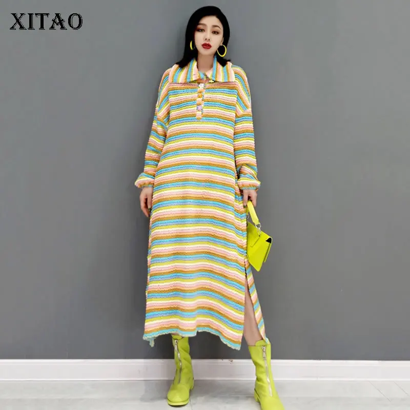 

XITAO, полосатые вязаные платья, модные, подходящие цвета, с разрезом, свободный крой, повседневные, длинные, темпераментные, женские, новые, ун...