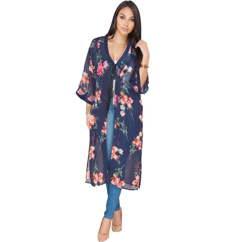 Женская шифоновая блузка с цветочным принтом длинный кардиган V образным вырезом