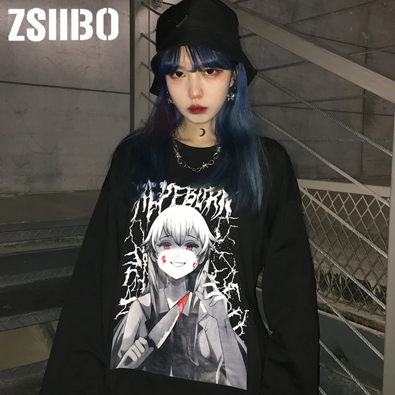 Женская готическая толстовка с круглым вырезом Ulzzang Tumblr Kawaii Повседневная