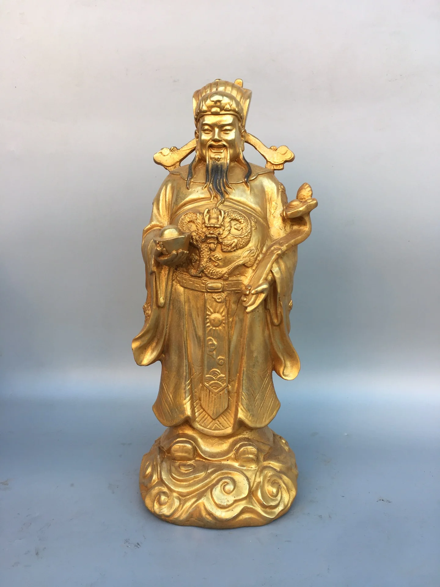 

14" Tibet Buddhism Old Bronze Gilt God of Wealth Buddha Statue Ruyi God of Wealth Take ingot Lucky fortune Enshrine the Buddha