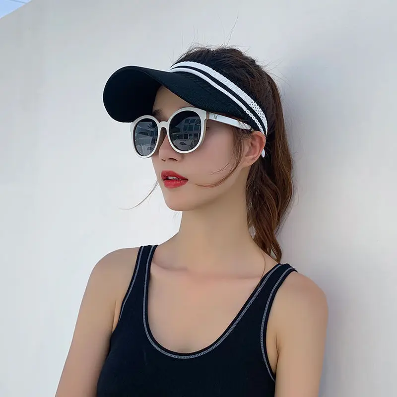 

Knitted embroidery SPORT Hats NEWST Korean English alphabet Empty Cap Running Sunshade Breathable stripes flexible Hat Women