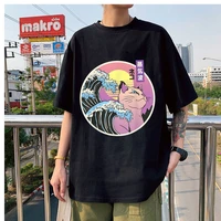 hipster retro big wave japanese steam cat cartoon harajuku printed fashion men t shirts anime short sleeve summer t shirt tops