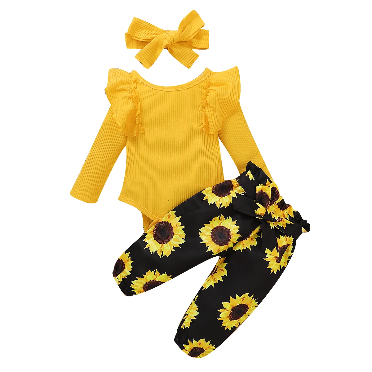 

3PCS/Set Baby Spring Casual Clothes Suit Solid Color Ribbed O Neck Long Sleeve Falbala Romper Sunflower Loose Trousers Headband