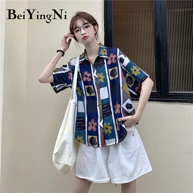 

Beiyingni Vintage Floral Printed Loose Slim Shirts Womens Korean Casual High Street Hipster Blusas Female Turn-down Collar Shirt