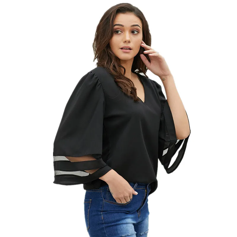 

Women Solid V-Neck T-Shirt 2020 Spring Three Quarter Sleeve T-Shirt Casual Loose Flare Sleeve T-Shirt Tops