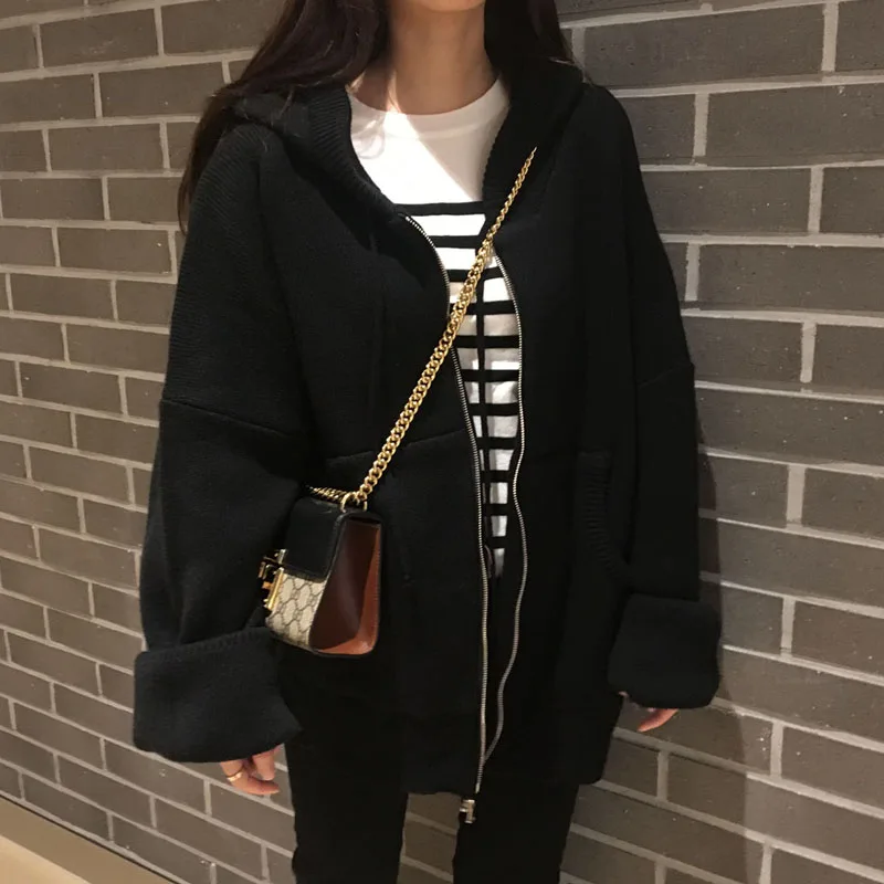 

Cotton Solid Cardigan Long Sleeve Knitted Sweater Women Open Stitch Casual zipper Women 2019 Autumn Winter Loose 1819