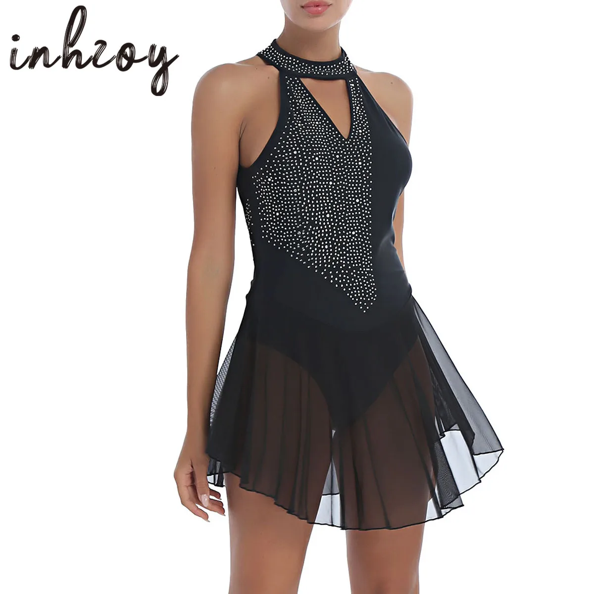 

Women Halter Neck Ballet Gymnastics Dance Dress Backless Rhinestone Skating Leotard Dresses